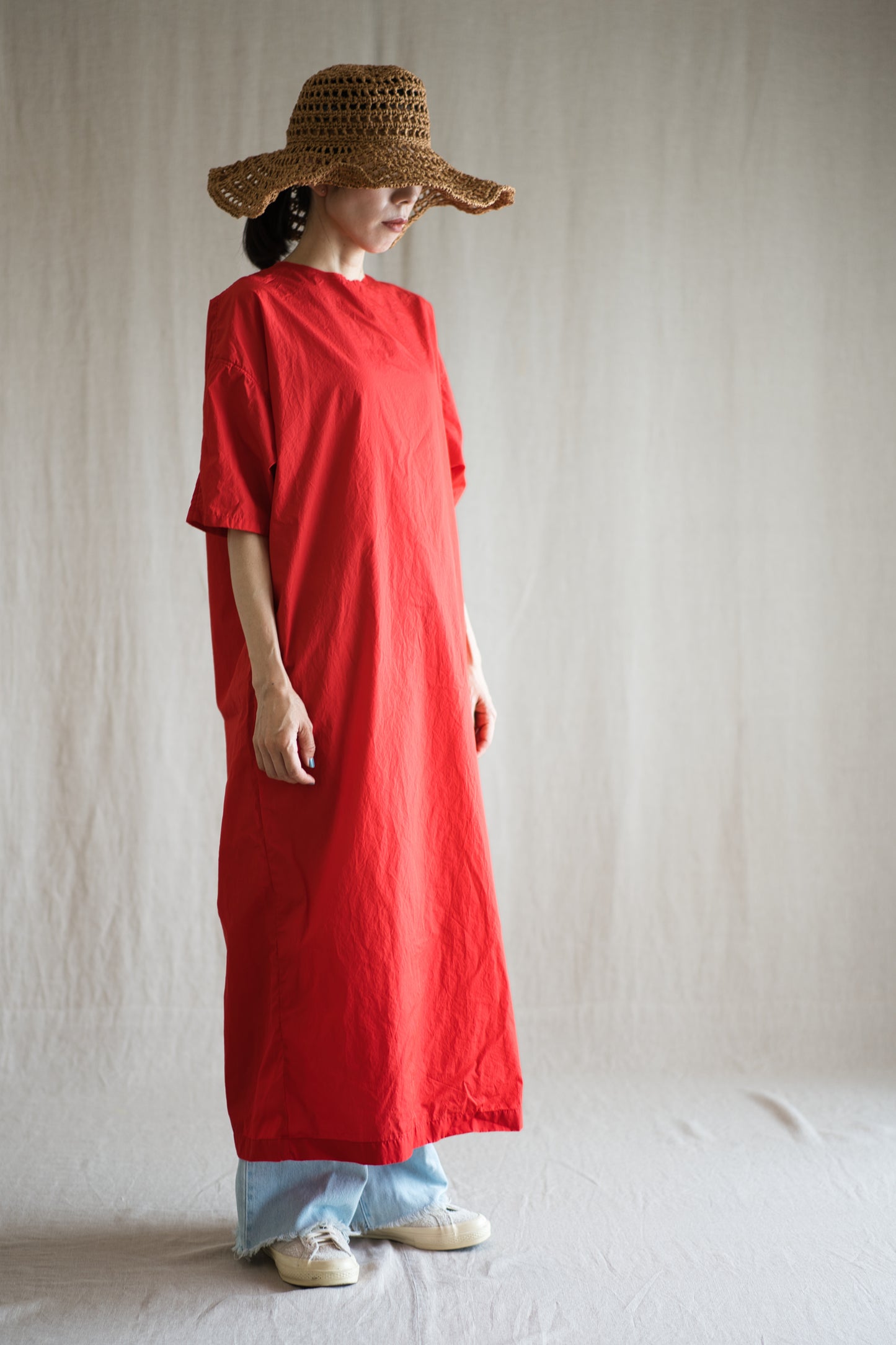 100番手タイプライターワンピース/Superfine cotton dress/Fresh Red