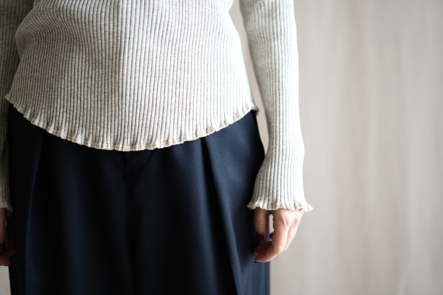 YAK WOOL COTTON Rib-knit Turtle-neck＆Frill/Oatmeal