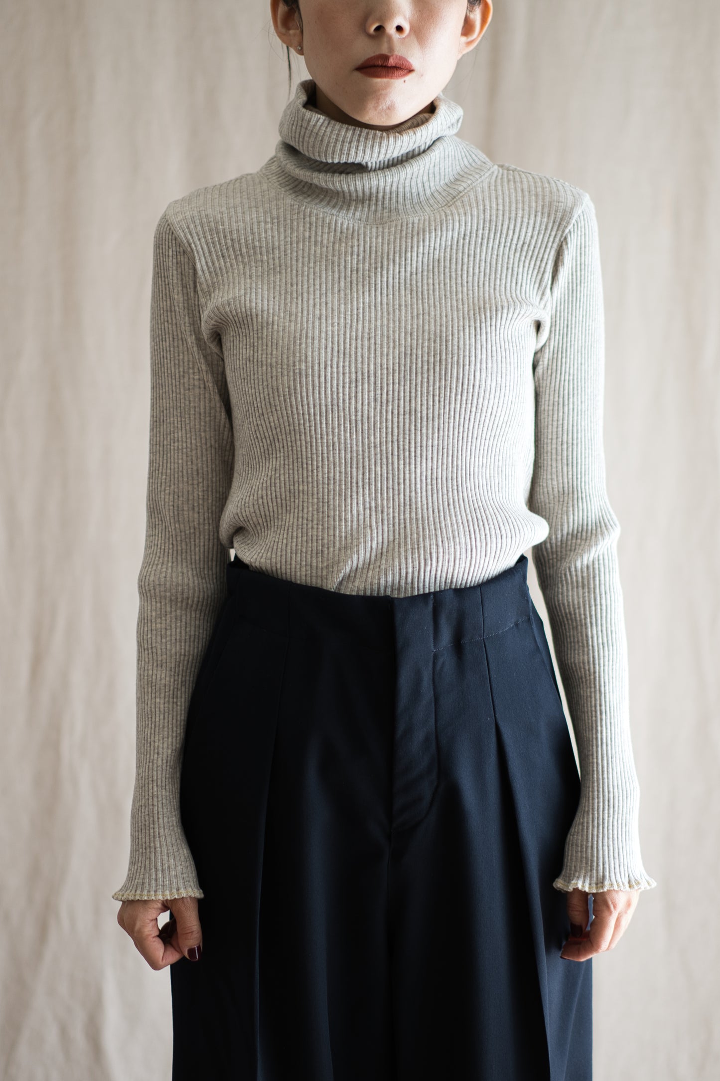 YAK WOOL COTTON Rib-knit Turtle-neck＆Frill/Oatmeal