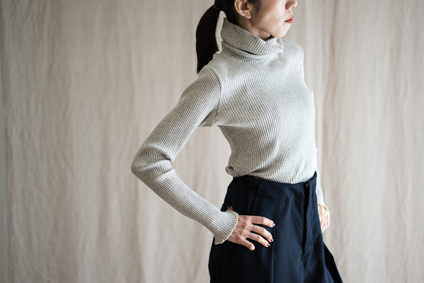 YAK WOOL COTTON Rib-knit Turtle-neck＆Frill/Oatmeal