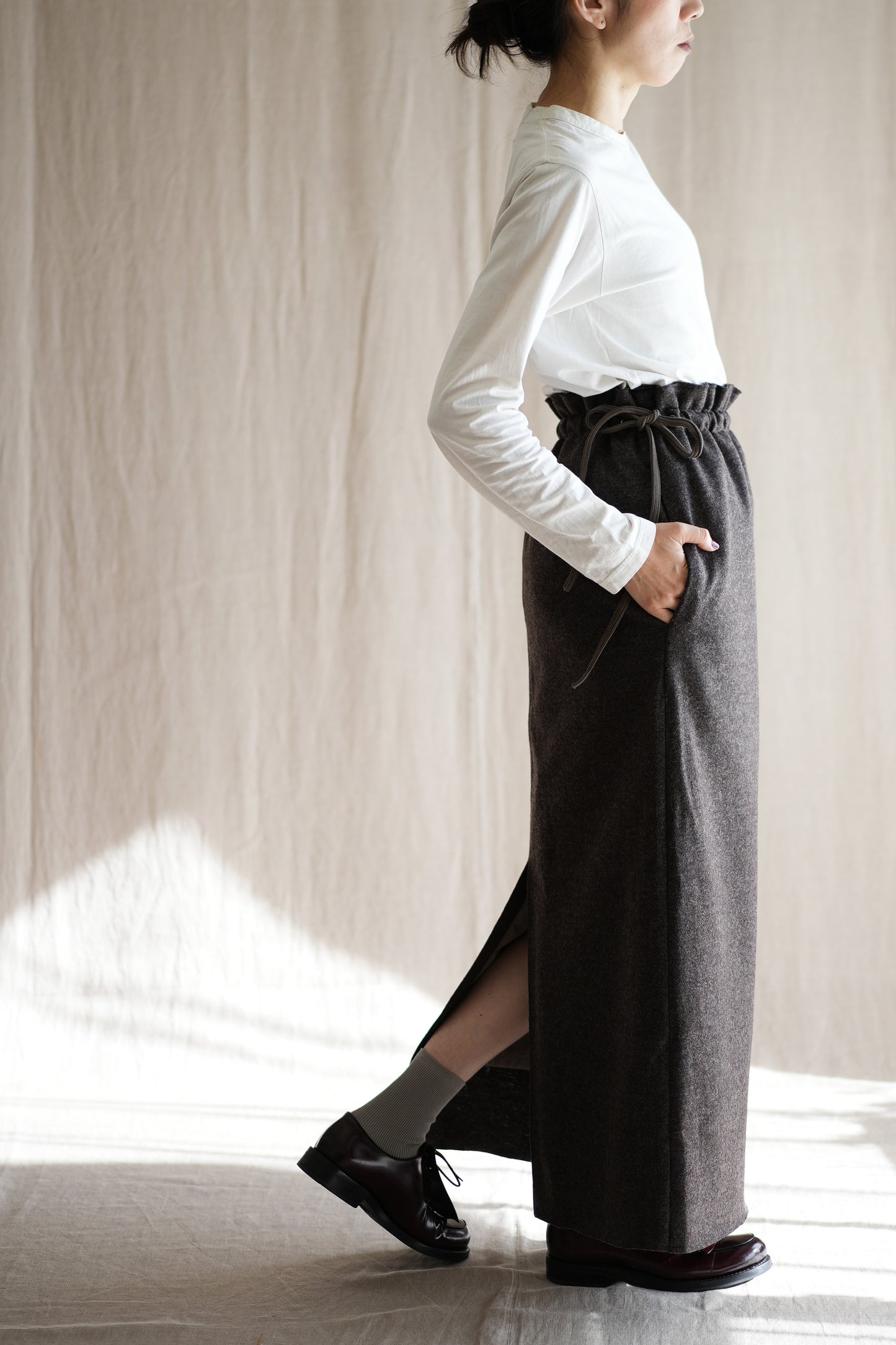 縮絨ウールストレートスカート/Milled Wool Straight Skirt/Heather Dark Brown