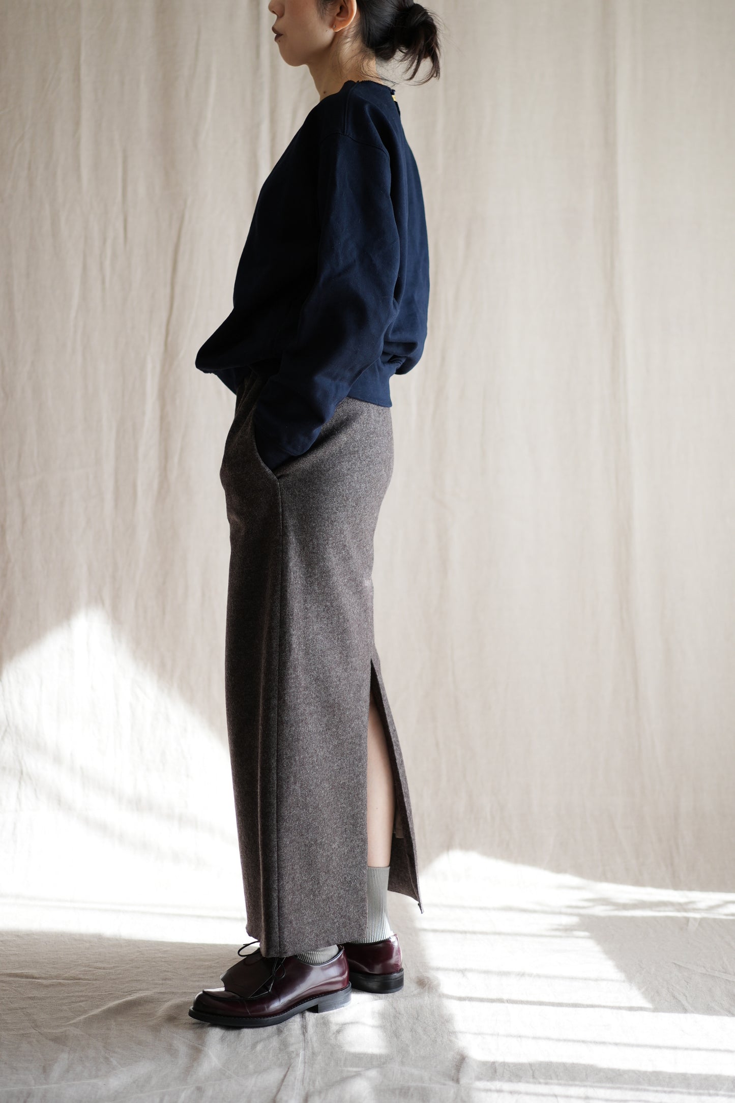 縮絨ウールストレートスカート/Milled Wool Straight Skirt/Heather Dark Brown