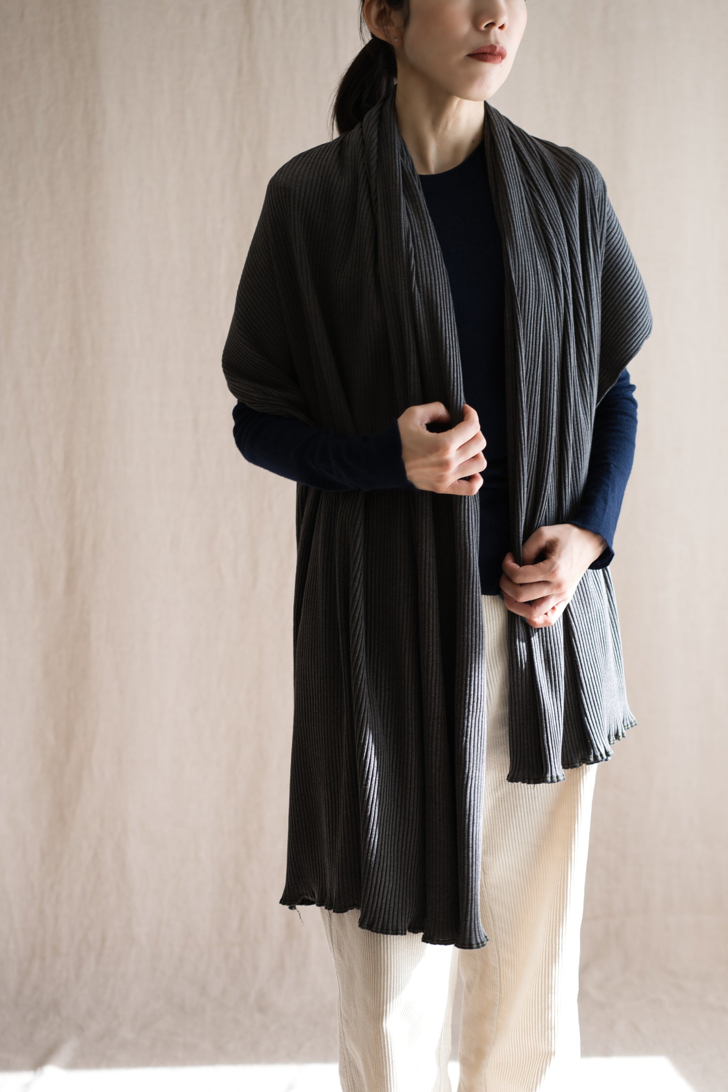 YAK WOOL COTTON Rib-knit Stole/Khaki