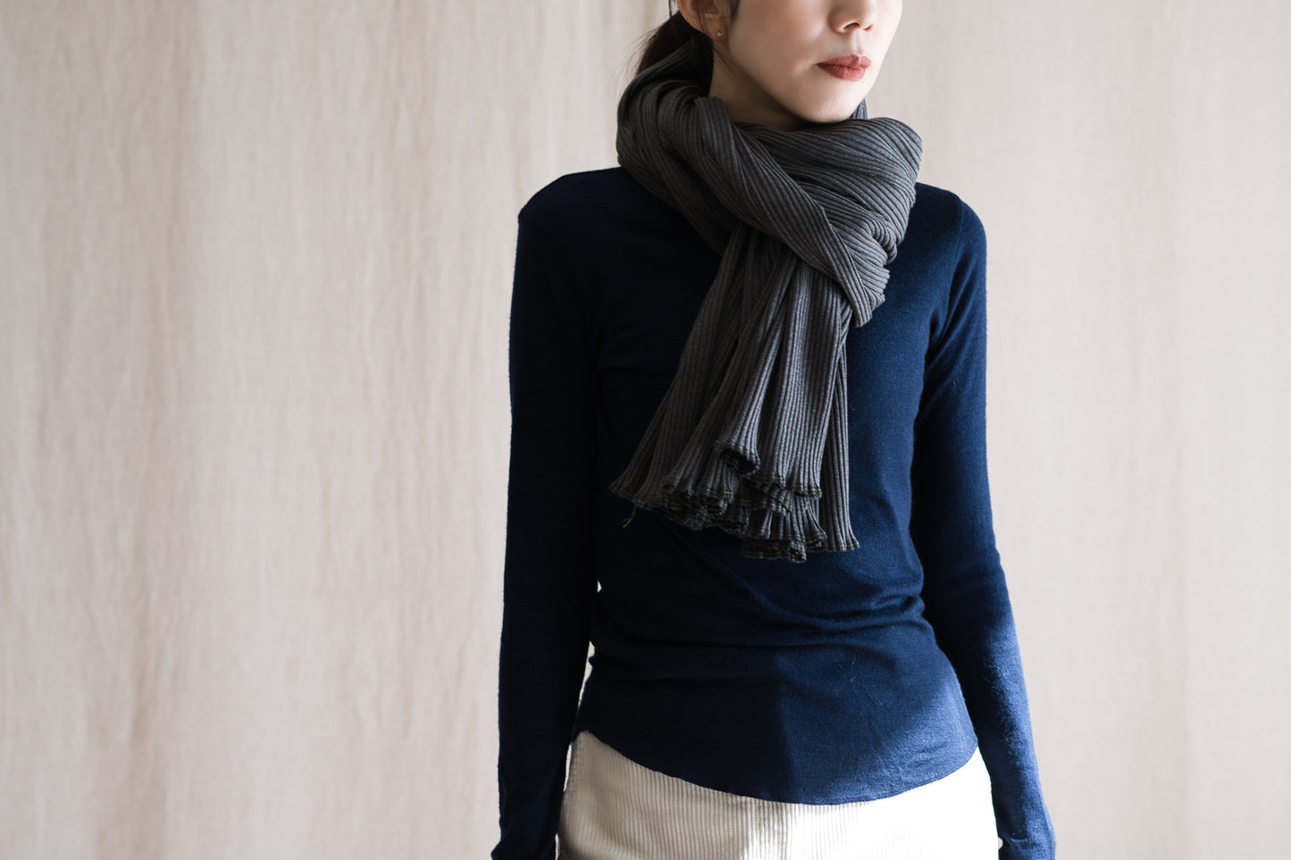 YAK WOOL COTTON Rib-knit Stole/Khaki