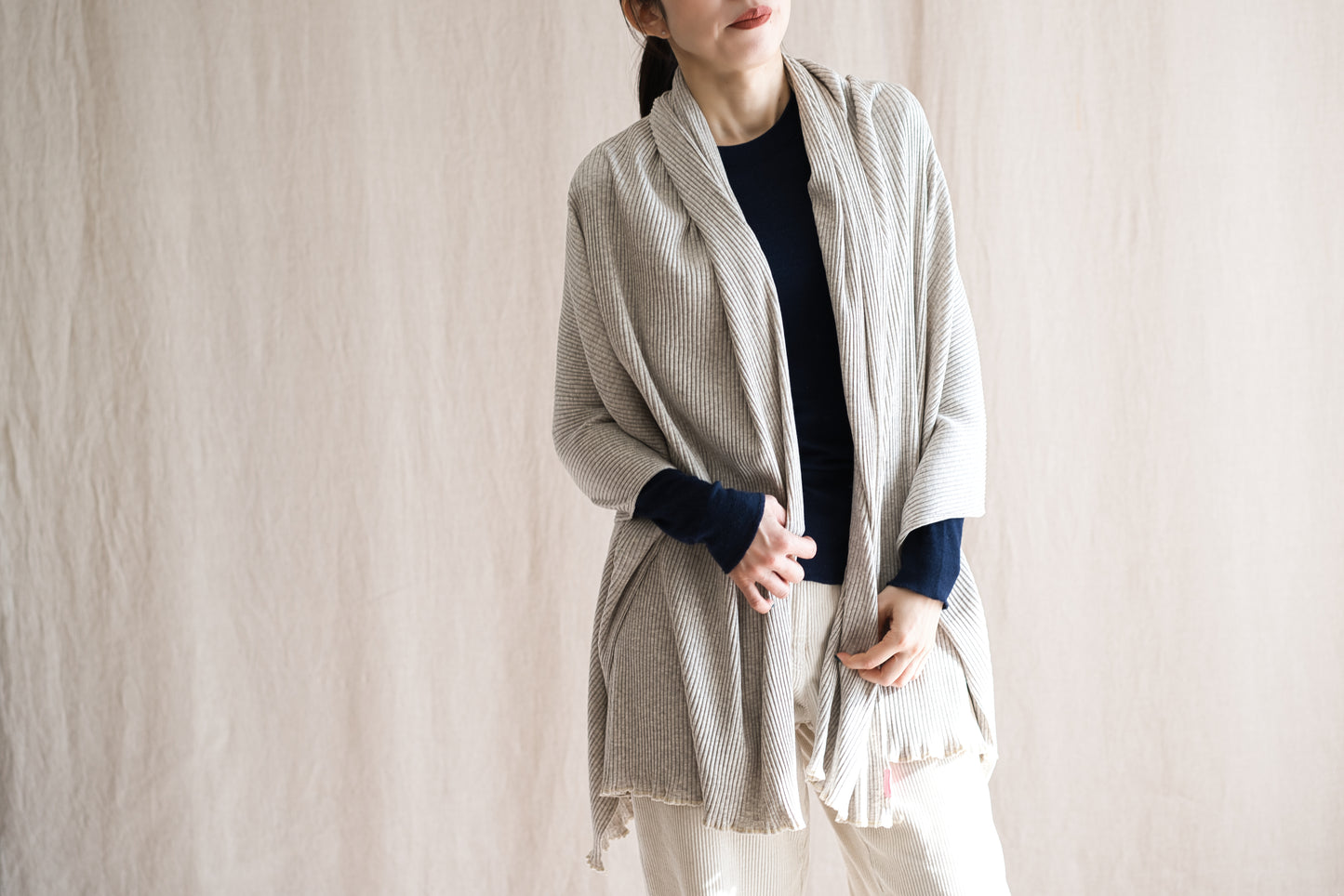 YAK WOOL COTTON Rib-knit Stole/Oatmeal