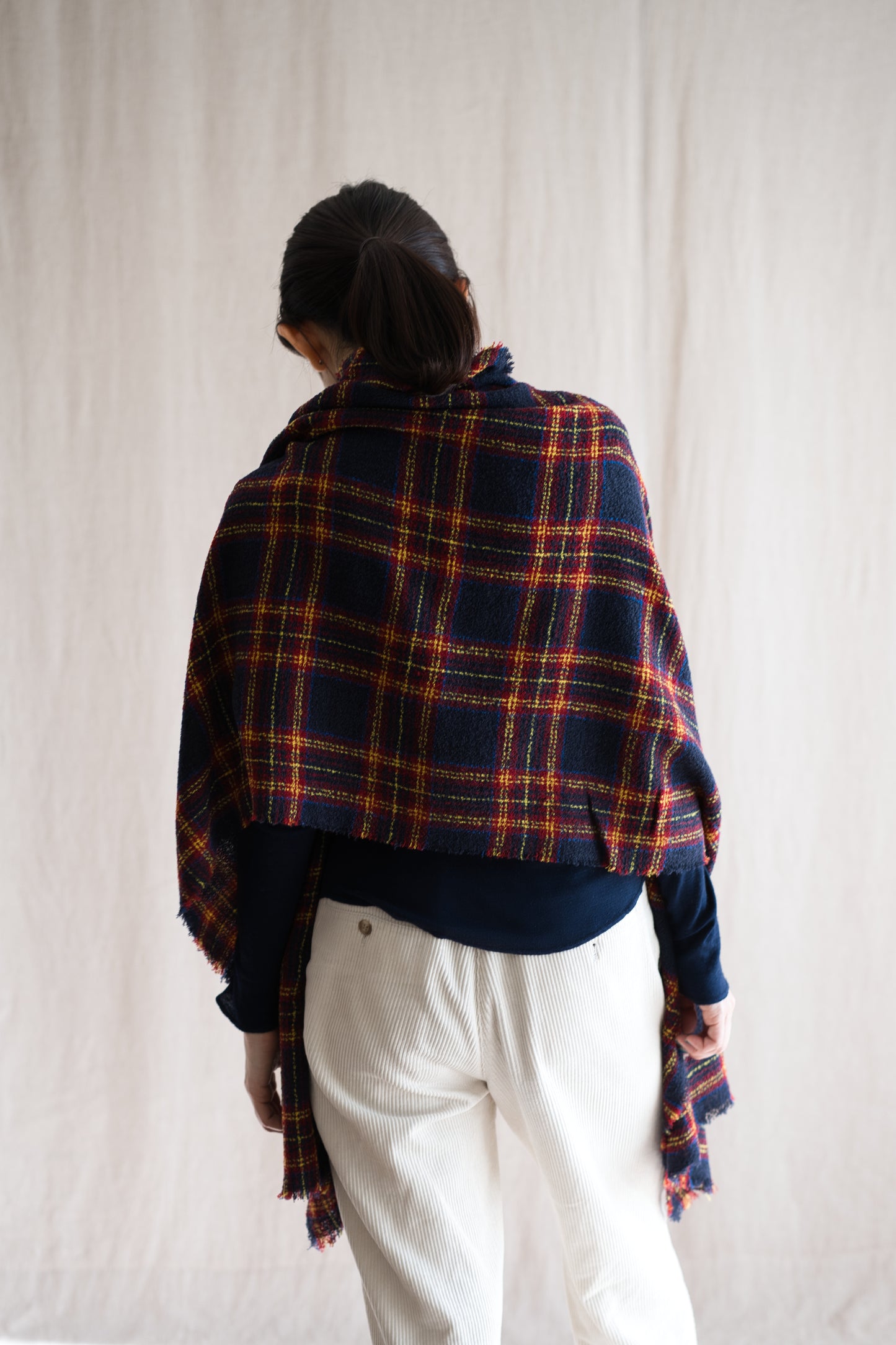 Ring Yarn Wool Stole/Checked Navy