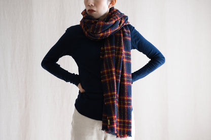 Ring Yarn Wool Stole/Checked Navy