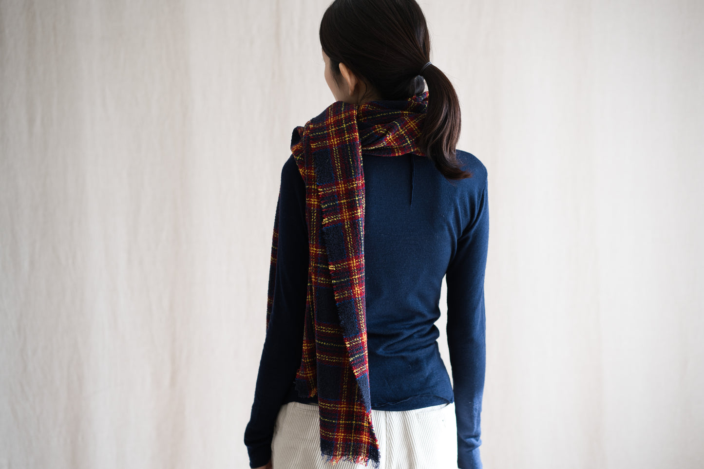 Ring Yarn Wool Stole/Checked Navy