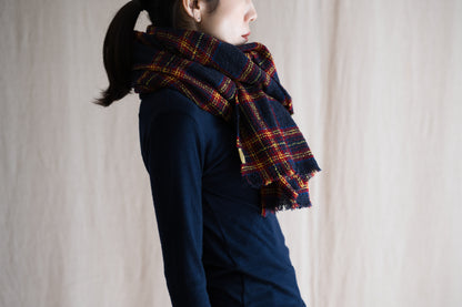 Ring Yarn Wool Stole/Checked Navy