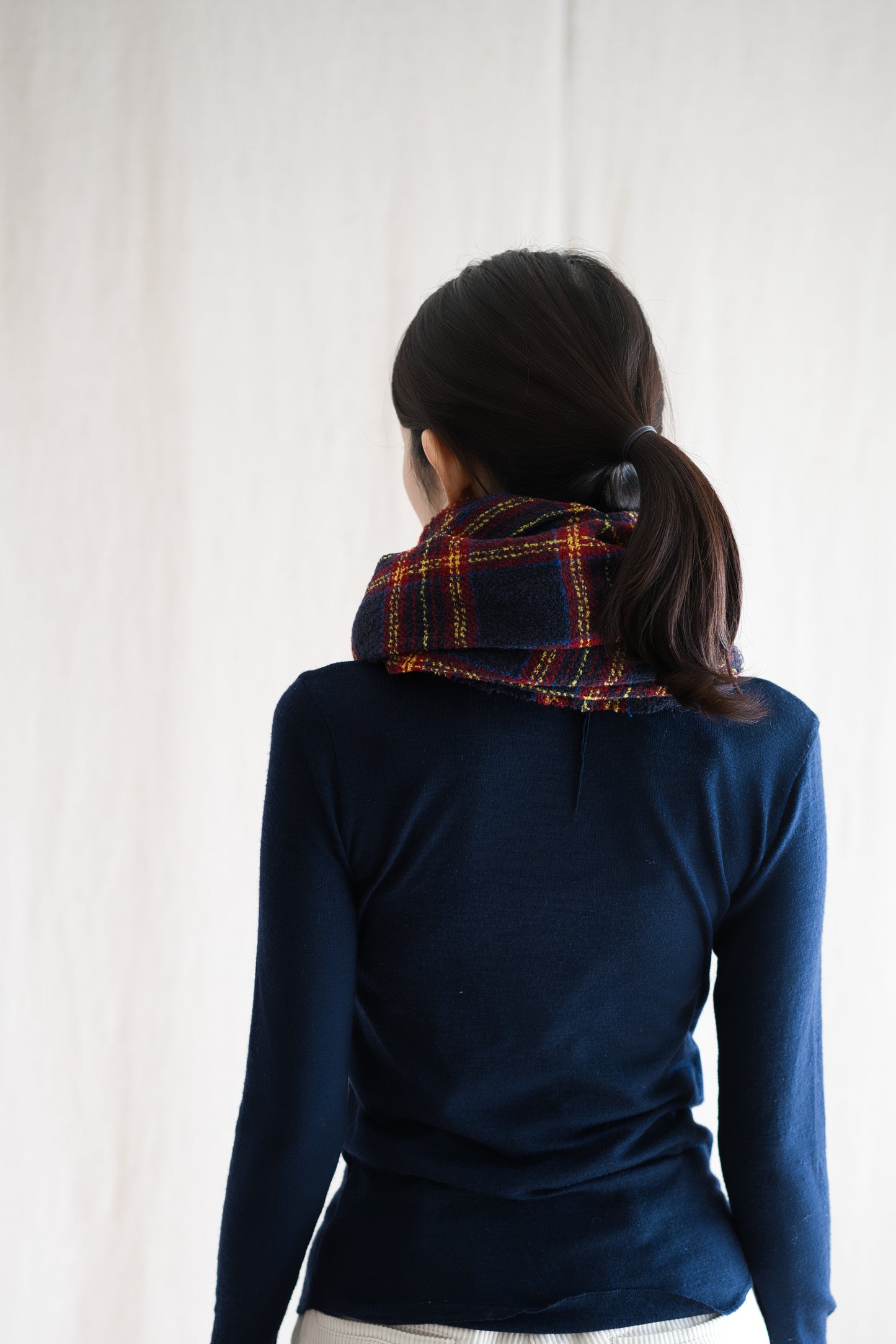 Ring Yarn Wool Stole/Checked Navy