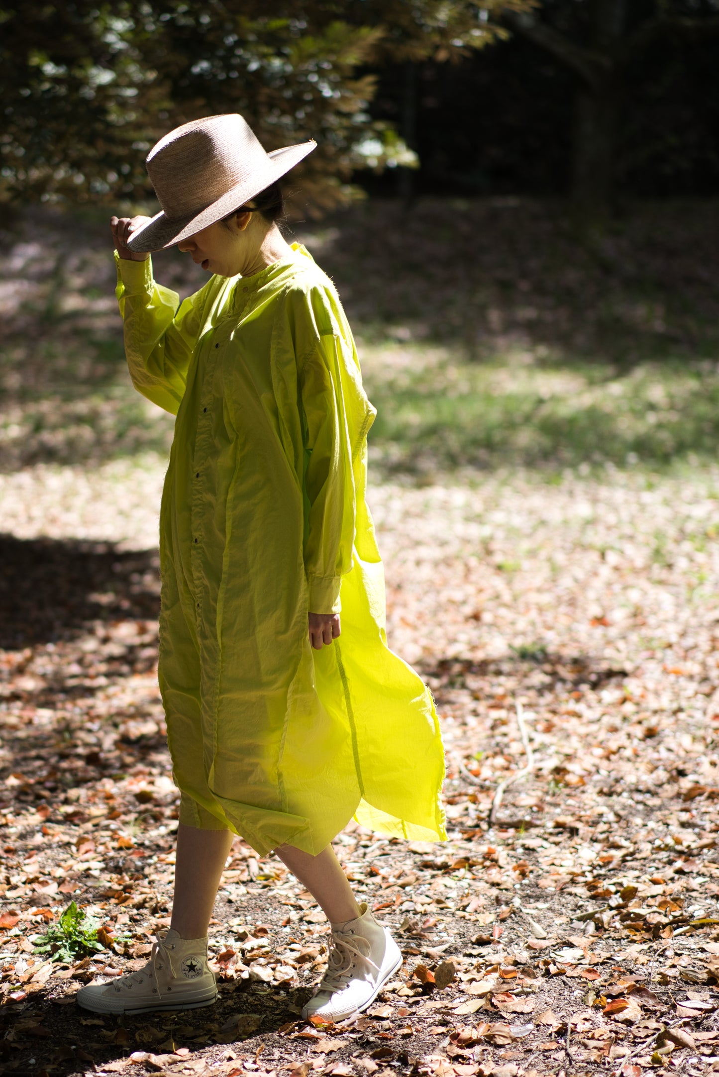 超細番手タイプライターシャツワンピース/Superfine cotton shirts dress/Lime yellow