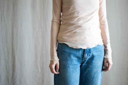 Sheer Rib Crew neck Long-Sleeved T/Pale Pink
