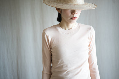 Sheer Rib Crew neck Long-Sleeved T/Pale Pink