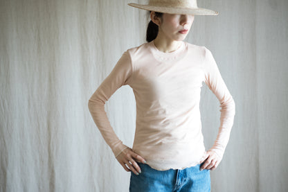Sheer Rib Crew neck Long-Sleeved T/Pale Pink