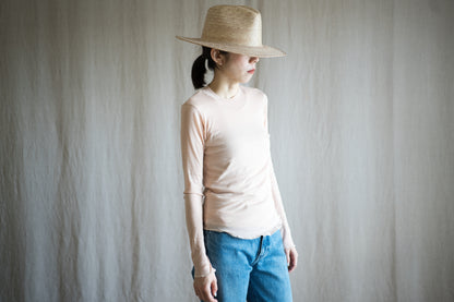 Sheer Rib Crew neck Long-Sleeved T/Pale Pink