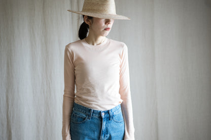 Sheer Rib Crew neck Long-Sleeved T/Pale Pink
