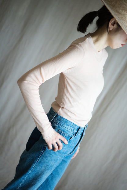 Sheer Rib Crew neck Long-Sleeved T/Pale Pink