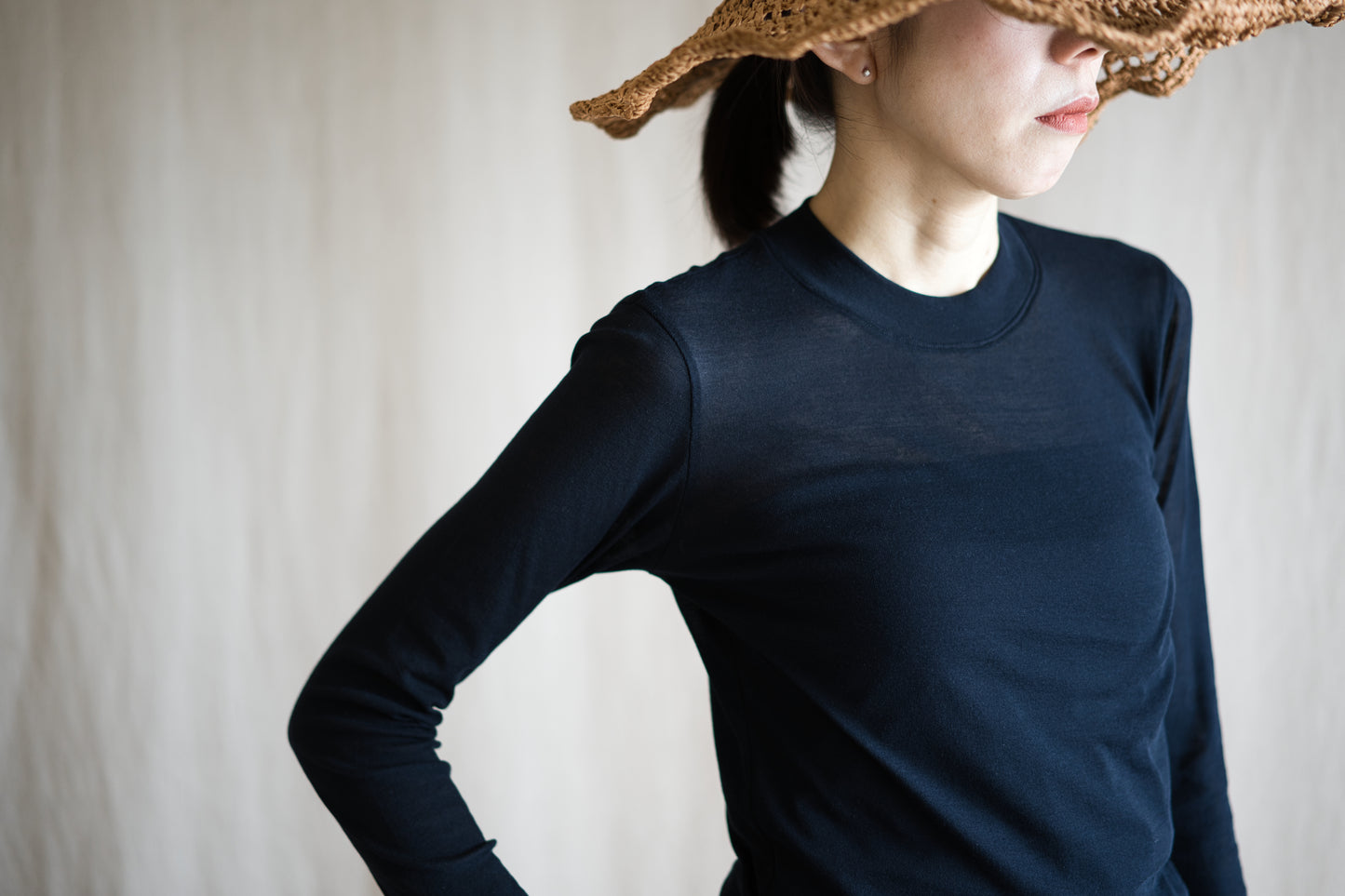 Sheer Rib Crew neck Long-Sleeved T/Navy