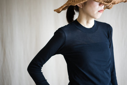 Sheer Rib Crew neck Long-Sleeved T/Navy
