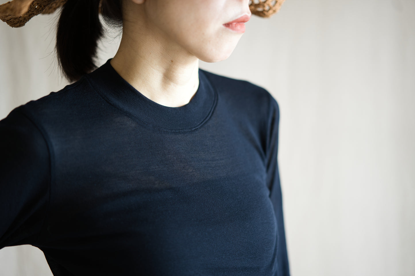 Sheer Rib Crew neck Long-Sleeved T/Navy