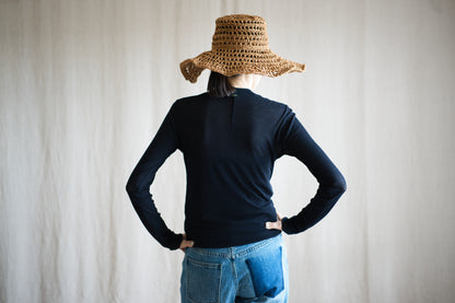 Sheer Rib Crew neck Long-Sleeved T/Navy