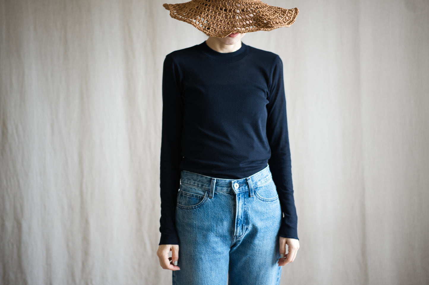 Sheer Rib Crew neck Long-Sleeved T/Navy