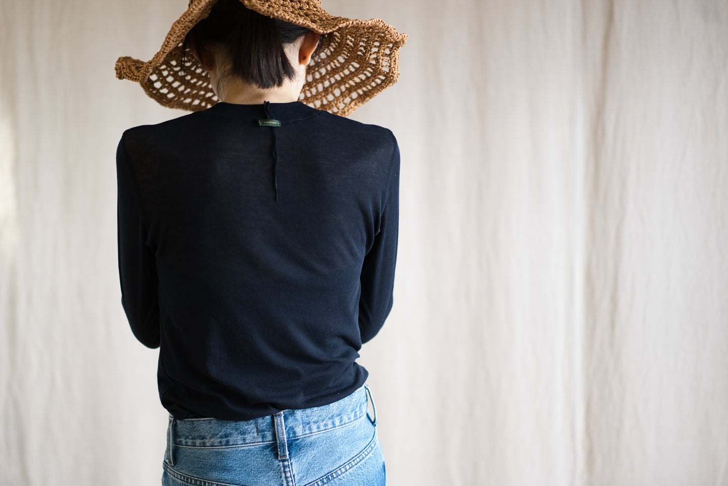 Sheer Rib Crew neck Long-Sleeved T/Navy