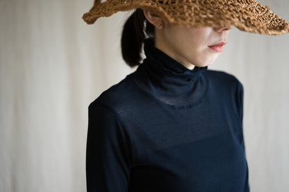 Sheer Rib High-Necked Long-Sleeved T/Navy