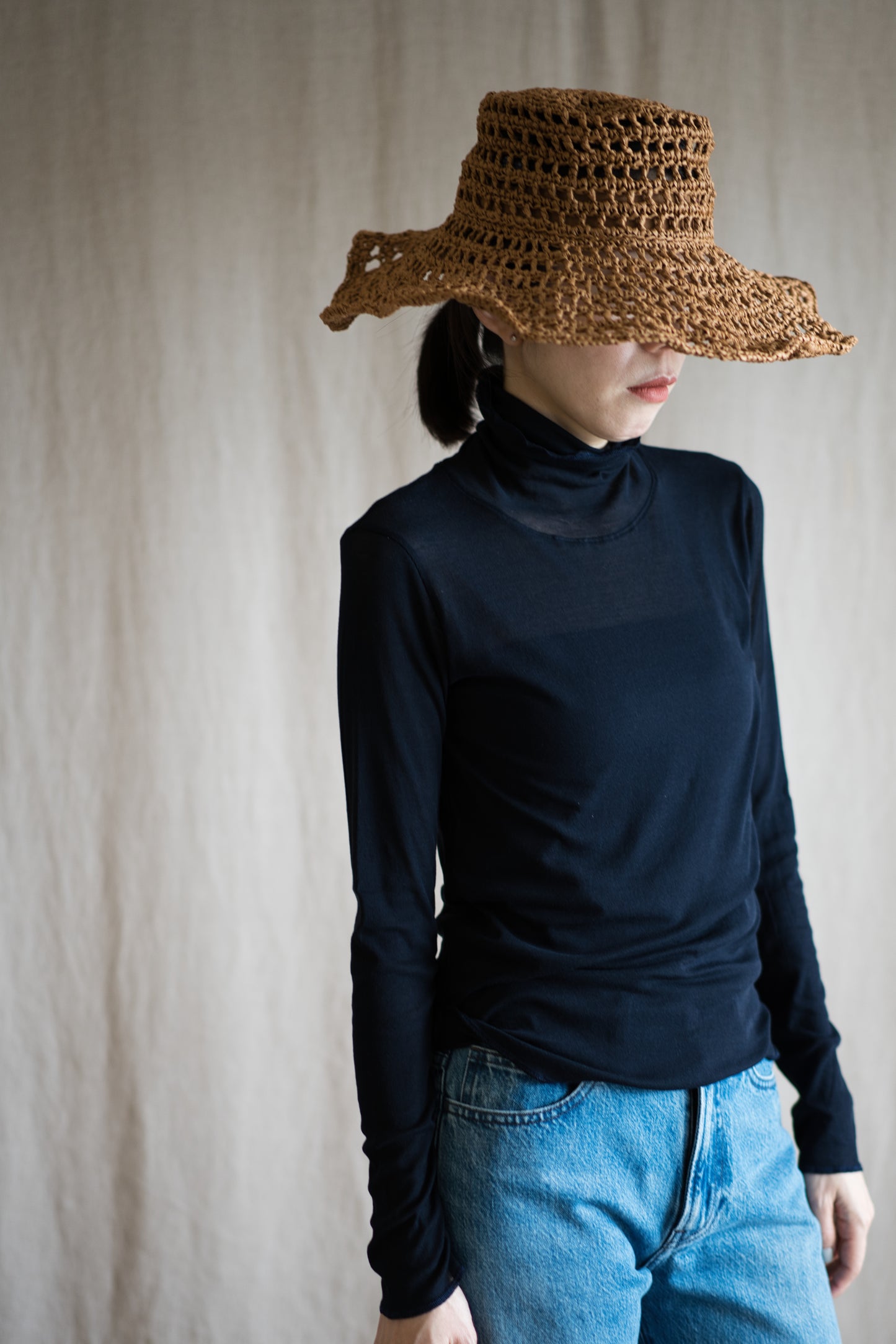 Sheer Rib High-Necked Long-Sleeved T/Navy