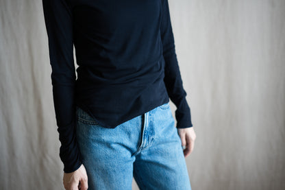 Sheer Rib High-Necked Long-Sleeved T/Navy