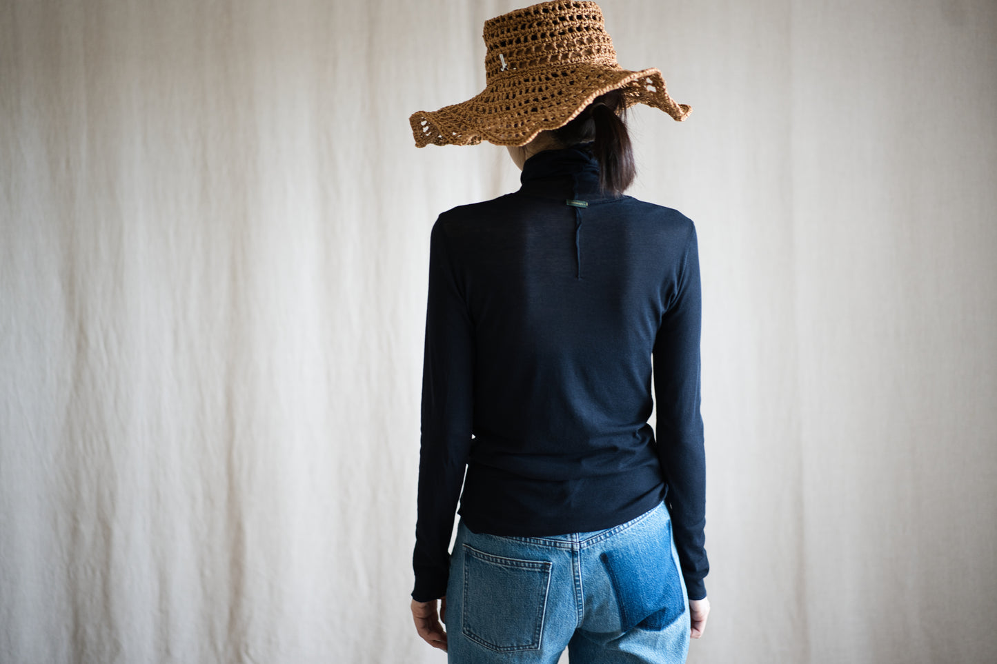 Sheer Rib High-Necked Long-Sleeved T/Navy