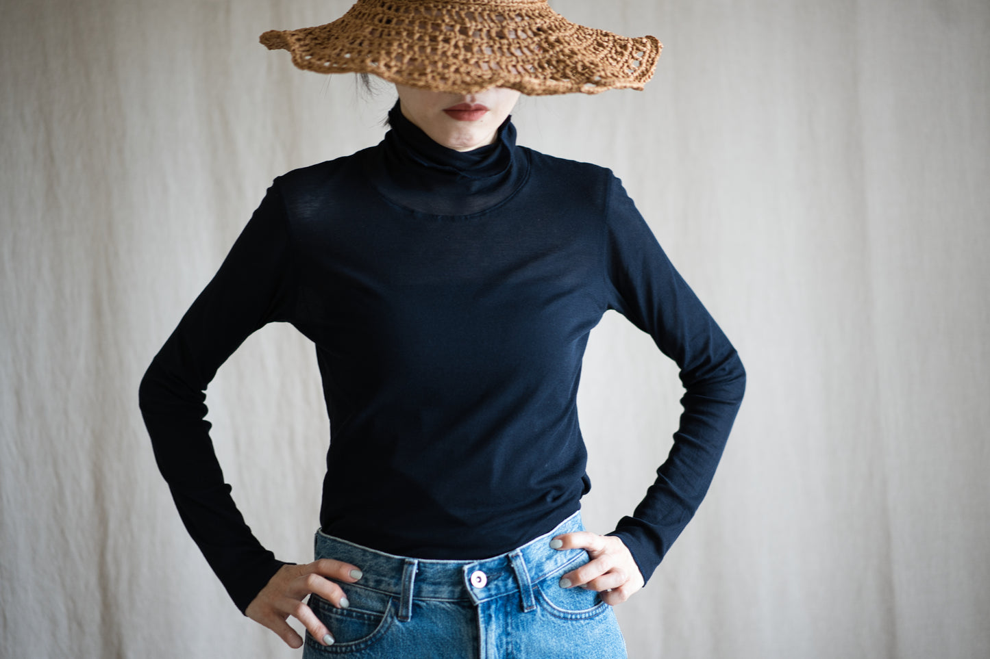 Sheer Rib High-Necked Long-Sleeved T/Navy