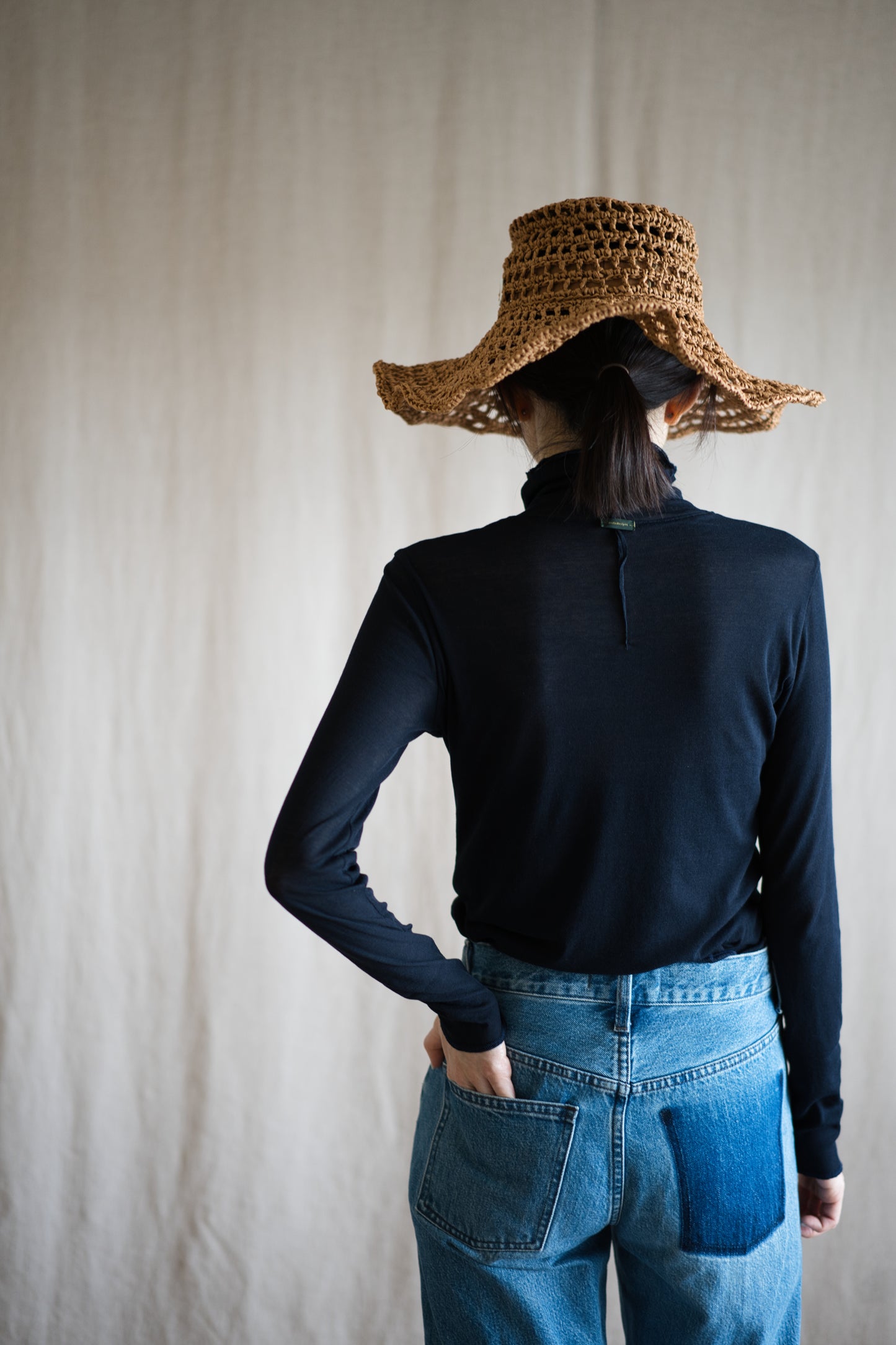 Sheer Rib High-Necked Long-Sleeved T/Navy