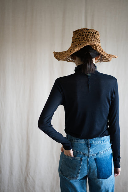 Sheer Rib High-Necked Long-Sleeved T/Navy