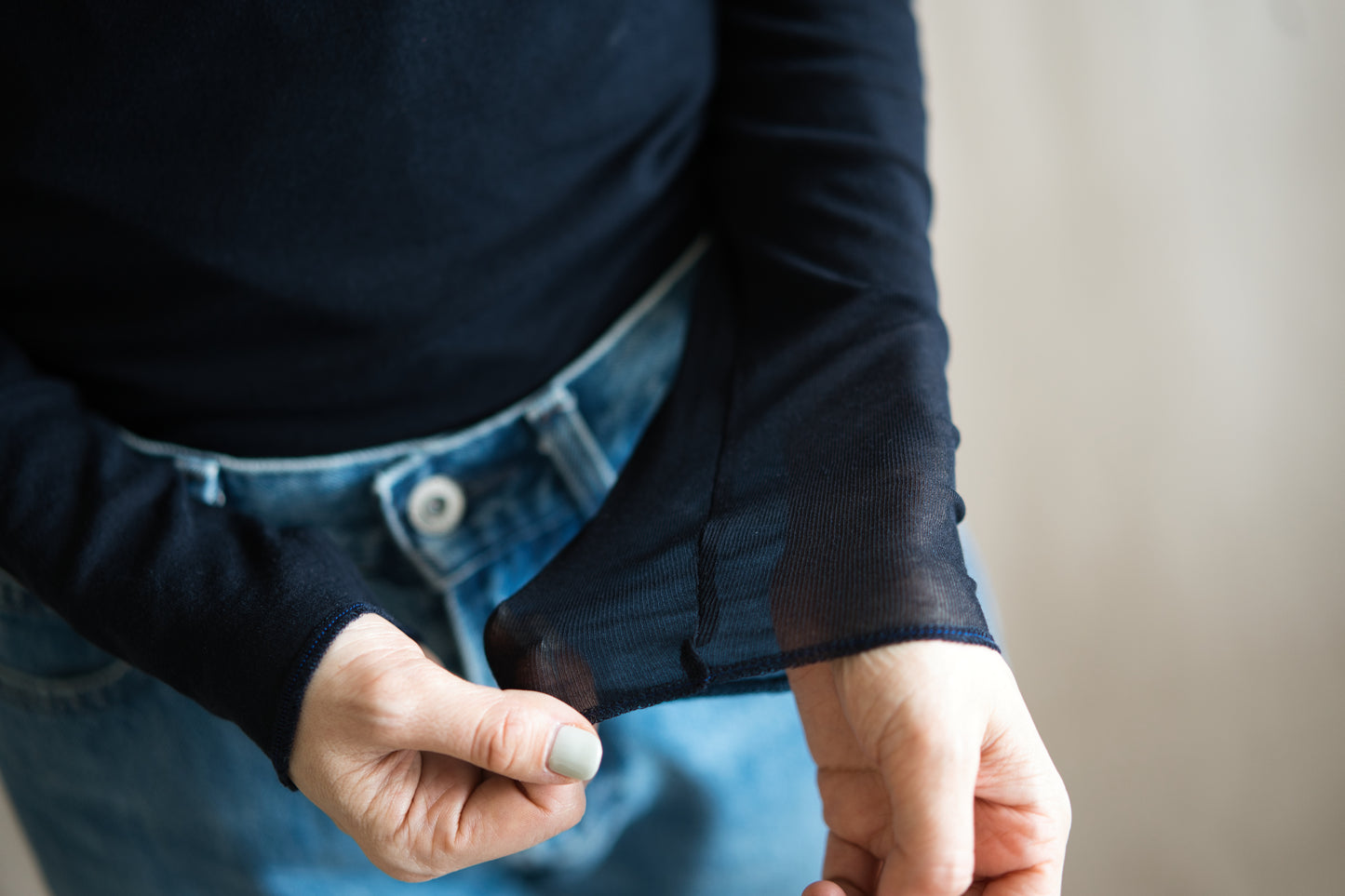 Sheer Rib Crew neck Long-Sleeved T/Navy