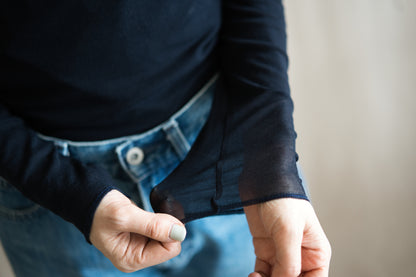 Sheer Rib Crew neck Long-Sleeved T/Navy