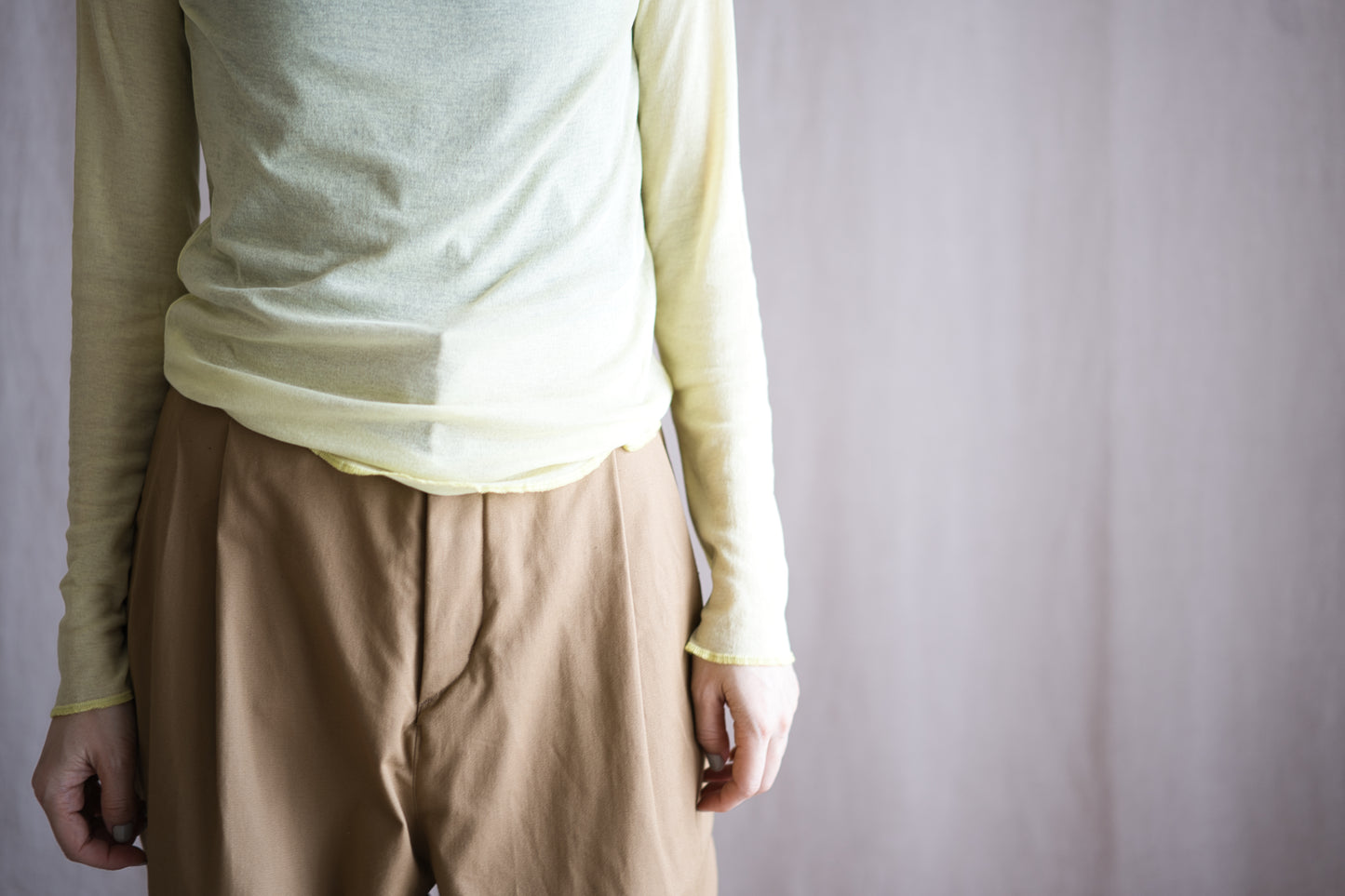 Sheer Rib Crew neck Long-Sleeved T/Lime Yellow