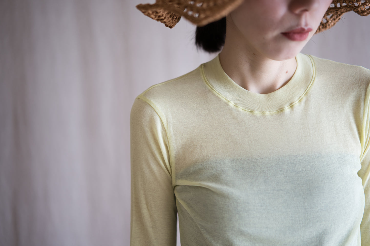 Sheer Rib Crew neck Long-Sleeved T/Lime Yellow