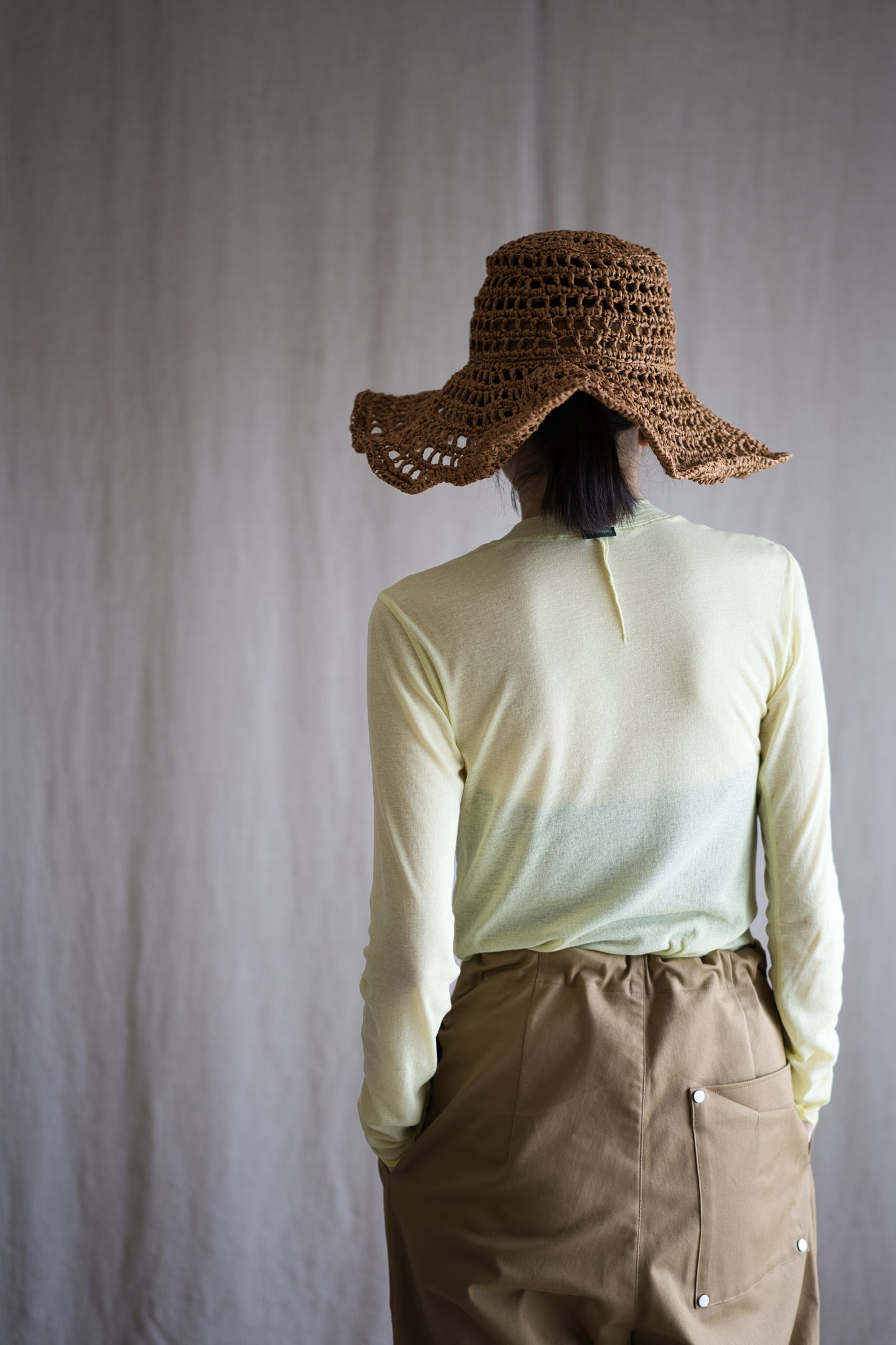 Sheer Rib Crew neck Long-Sleeved T/Lime Yellow