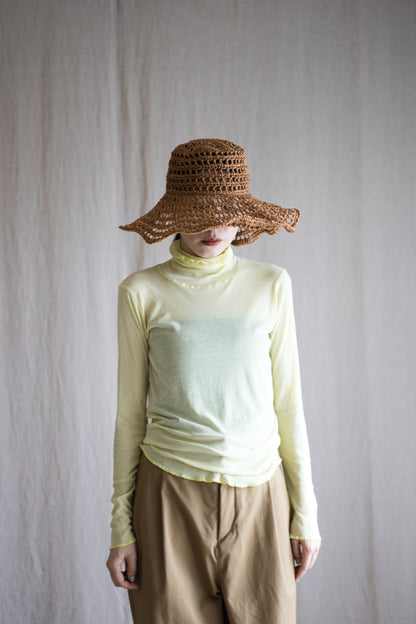 Sheer Rib High-Necked Long-Sleeved T/Lime Yellow