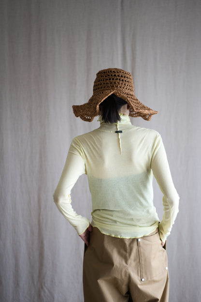 Sheer Rib High-Necked Long-Sleeved T/Lime Yellow