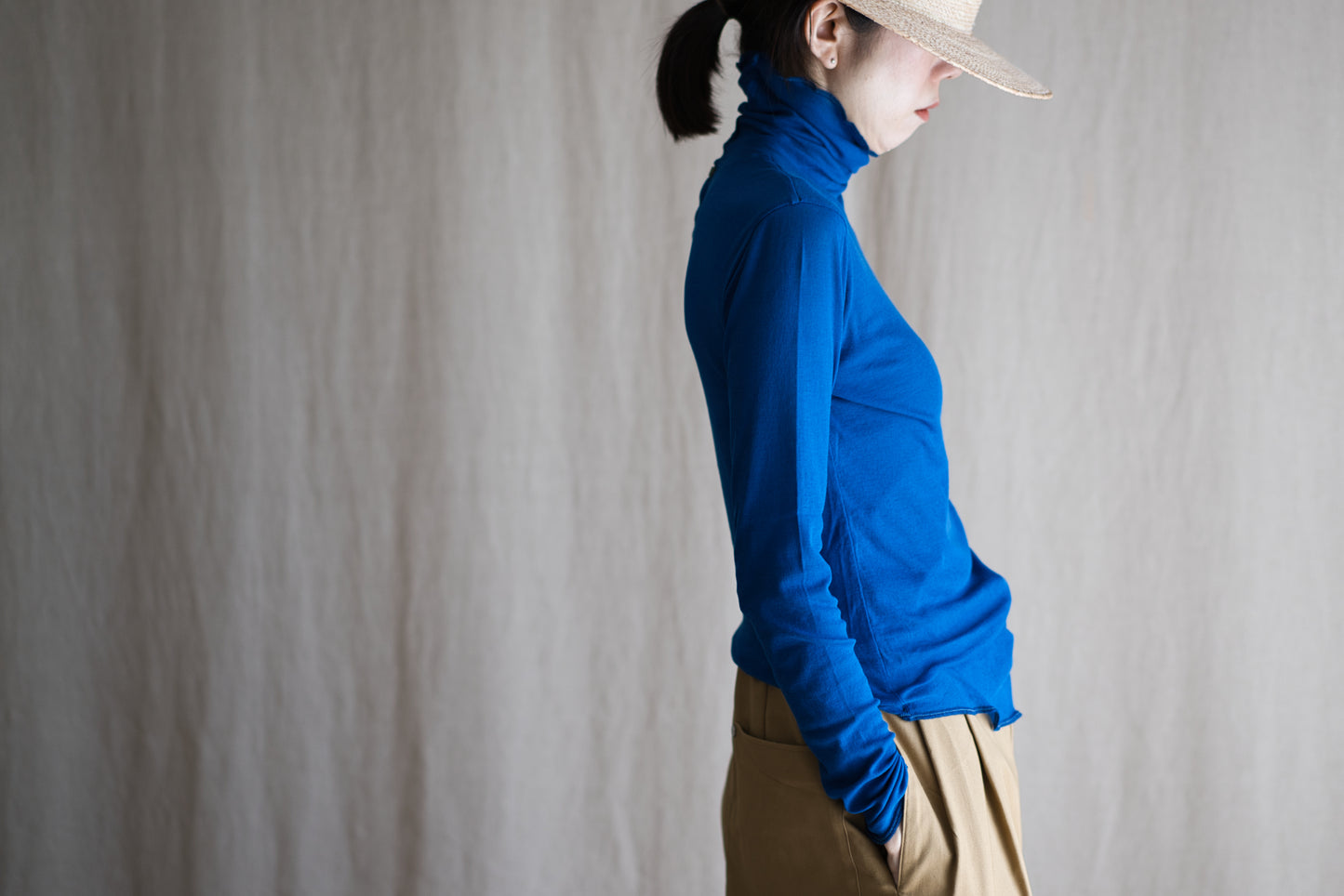 Sheer Rib High-Necked Long-Sleeved T/Royal Blue