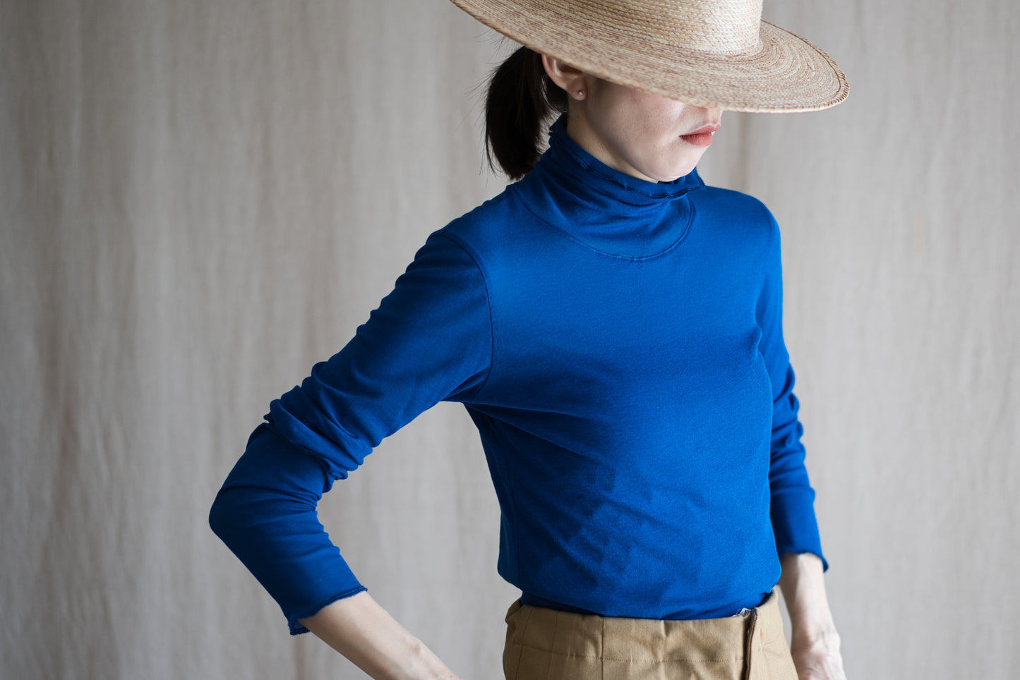 Sheer Rib High-Necked Long-Sleeved T/Royal Blue