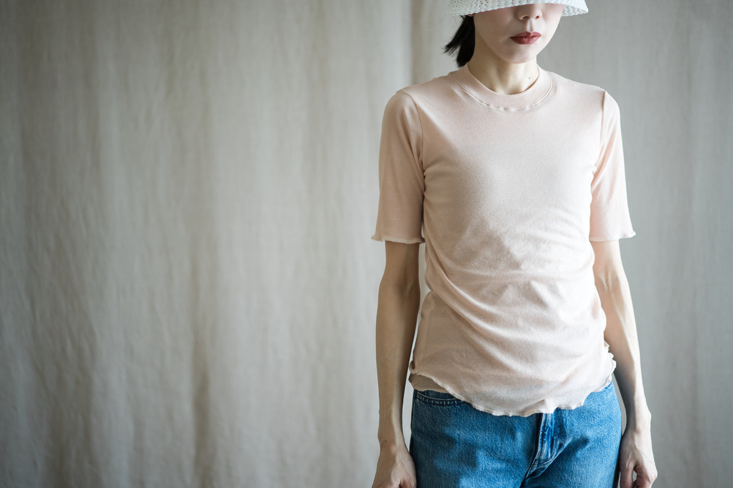 Sheer Rib Crew neck Half-Sleeved T/Pale Pink