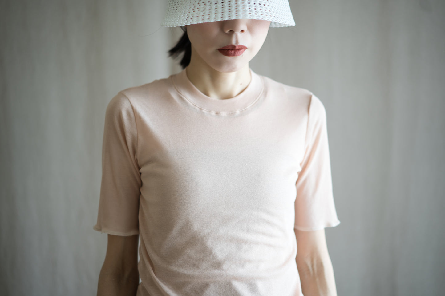 Sheer Rib Crew neck Half-Sleeved T/Pale Pink