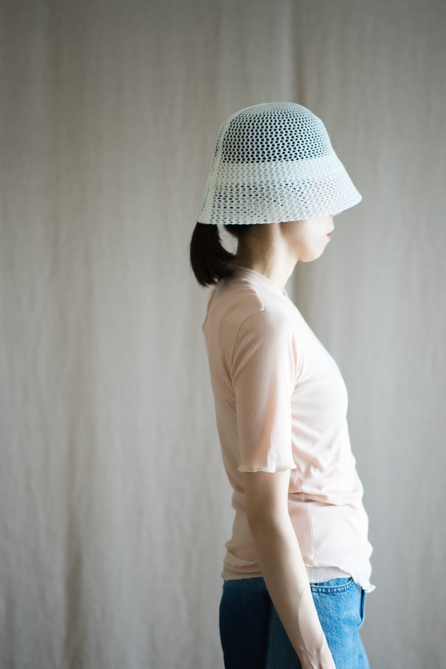 Sheer Rib Crew neck Half-Sleeved T/Pale Pink