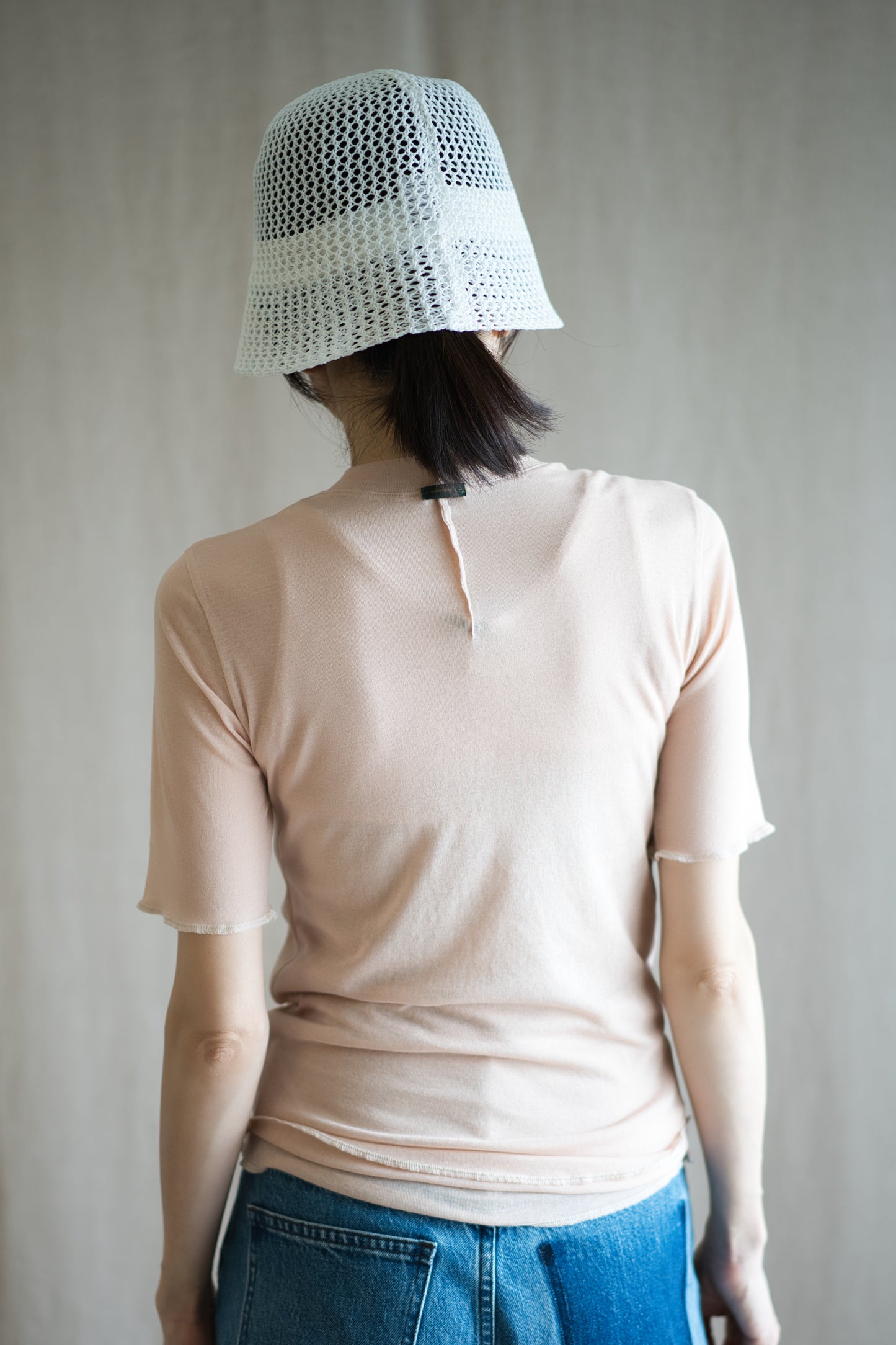 Sheer Rib Crew neck Half-Sleeved T/Pale Pink