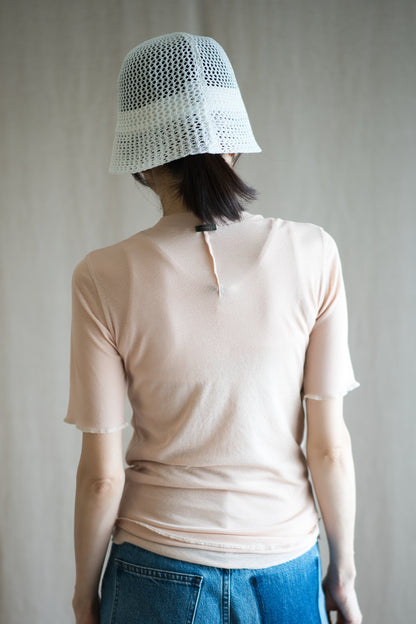Sheer Rib Crew neck Half-Sleeved T/Pale Pink