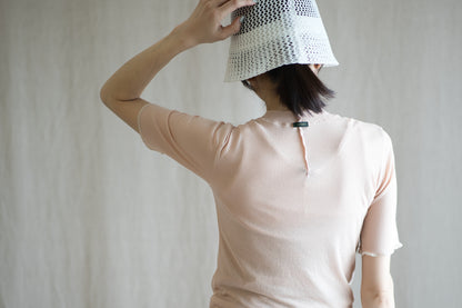 Sheer Rib Crew neck Half-Sleeved T/Pale Pink