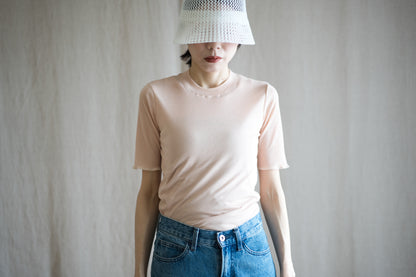 Sheer Rib Crew neck Half-Sleeved T/Pale Pink